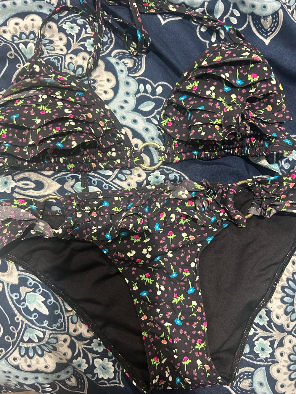PINK Victoria's Secret Black Floral Ruffle Bikini